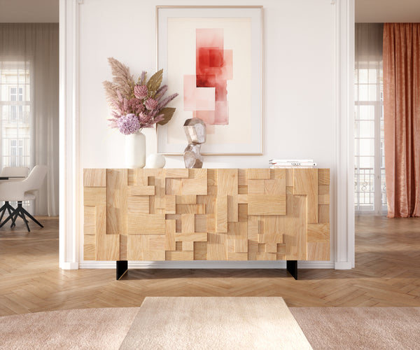 Sideboard Puzzle 175cm Oak Wood Natural 3 Doors Narrow Feet Black