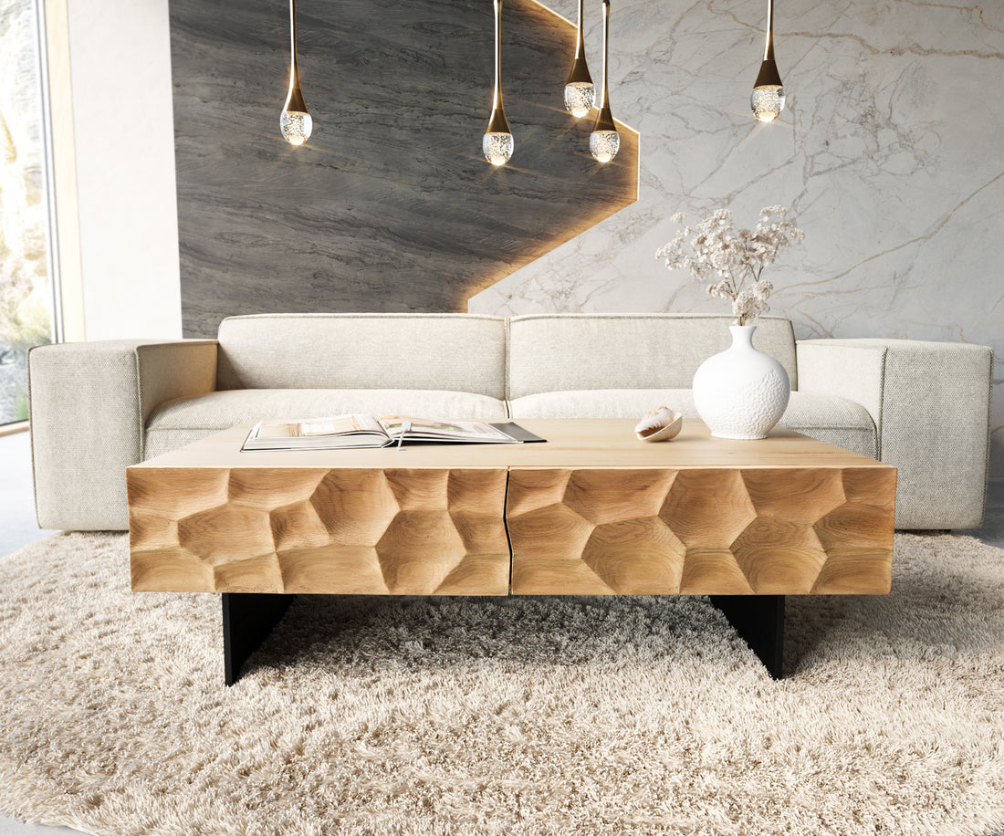 Coffee Table Solu 120x70cm Oak Wood Natural 4 Drawers 3D Front