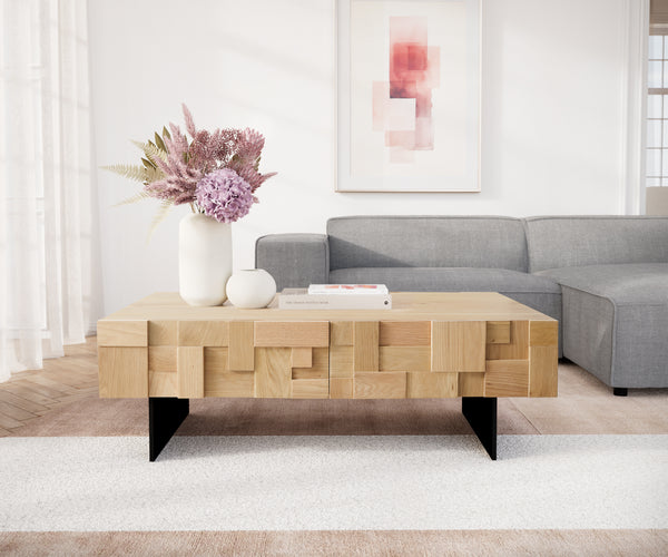 Coffee Table Puzzle 120cm 4 Drawers Oak Wood Natural Narrow Feet Black