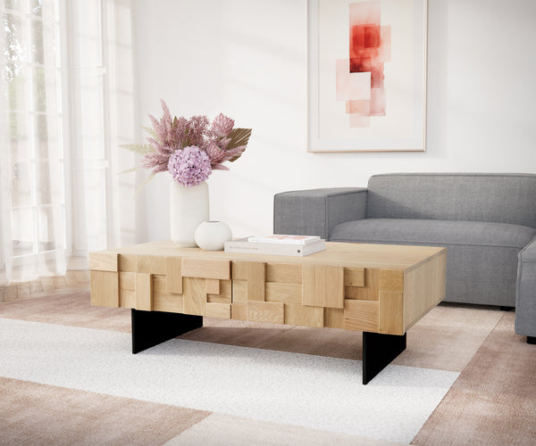 Coffee Table Puzzle 120cm 4 Drawers Oak Wood Natural Narrow Feet Black