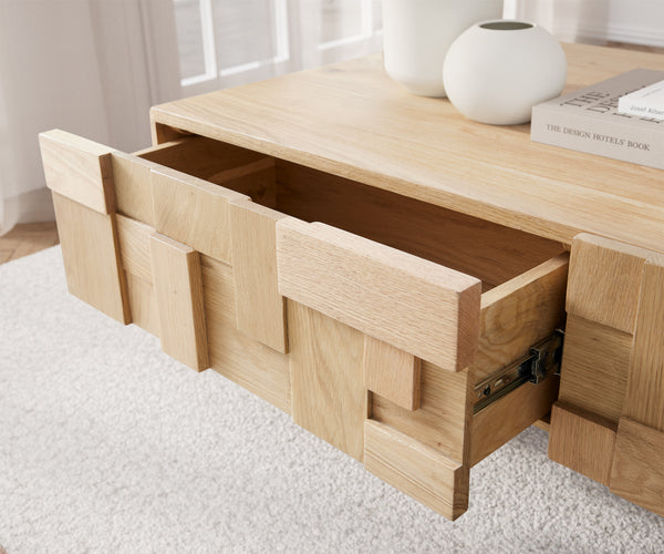 Coffee Table Puzzle 120cm 4 Drawers Oak Wood Natural Narrow Feet Black