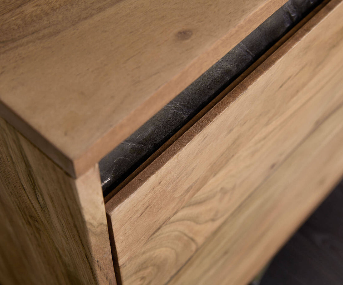 Sideboard Stonegrace Straight-Edge 175cm Acacia Wood Natural 3 Doors Stone Veneer V-Feet Metal Silver