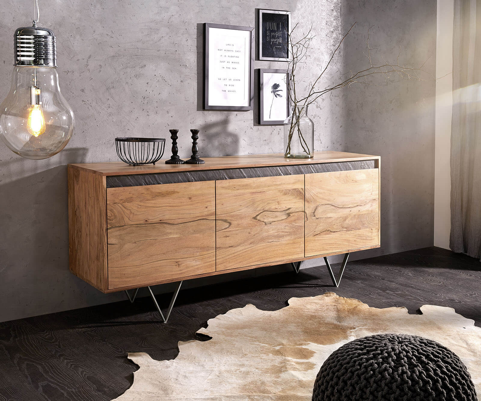 Sideboard Stonegrace 175cm Acacia Wood Natural 3 Doors Stone Veneer V-Foot Metal Silver