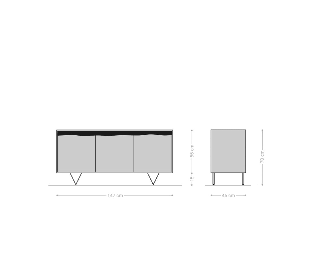 Sideboard Stonegrace Live-Edge 147x45cm Acacia Wood Natural 3 Doors Stone Veneer V-Feet Metal Silver