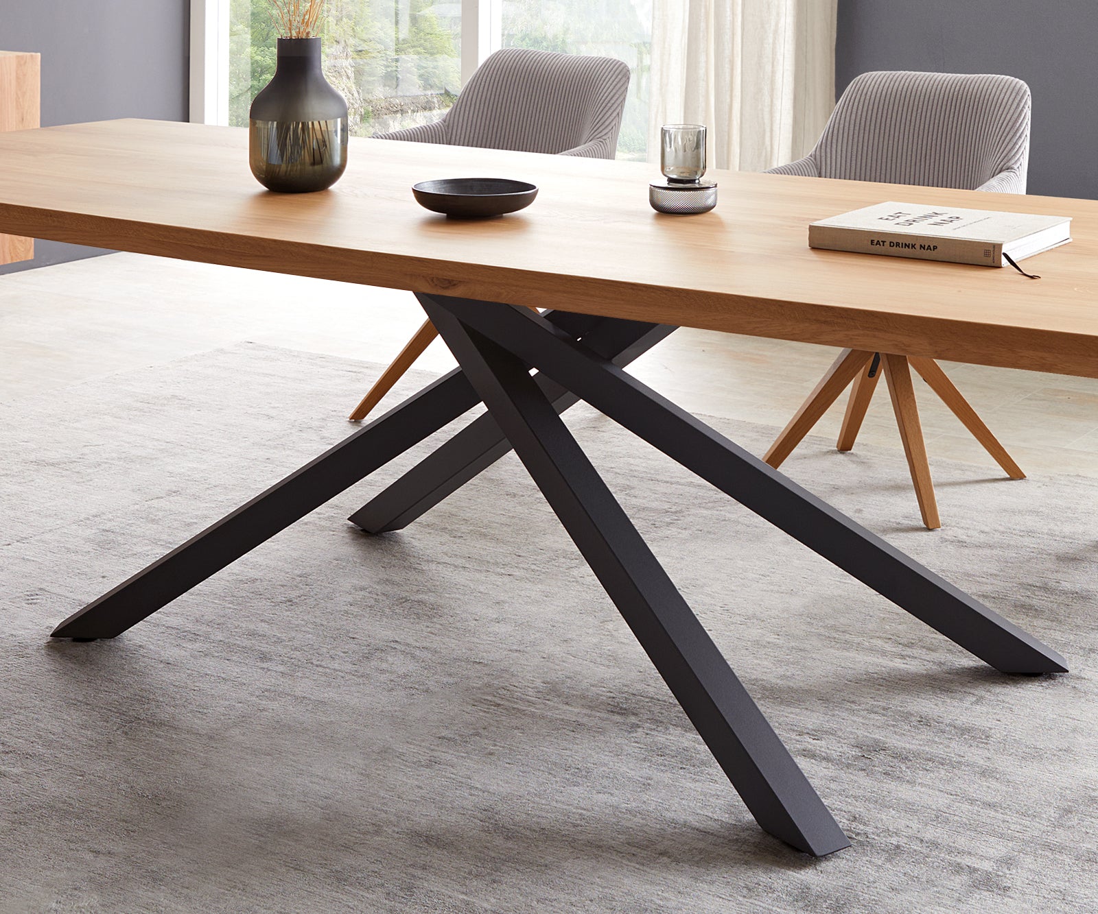 Dining Table Olympus 300x100cm Oak Wood Natural Cross Frame Black