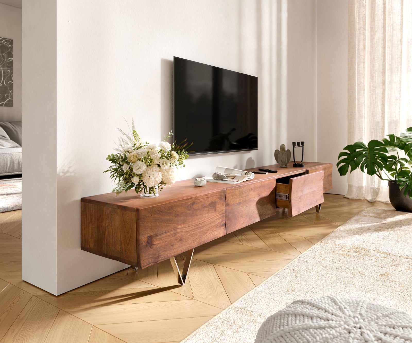 TV Stand Wyatt 220 cm Acacia Wood Brown V-Leg
