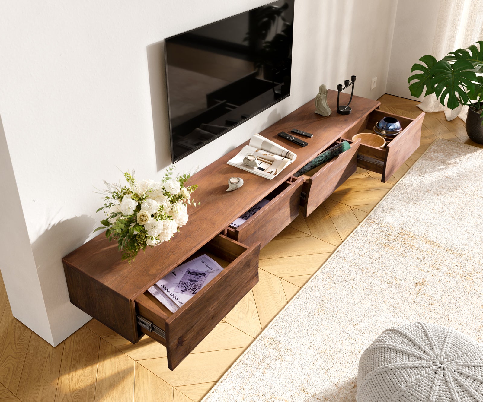TV Stand Wyatt 220cm Acacia Wood Brown V-Leg