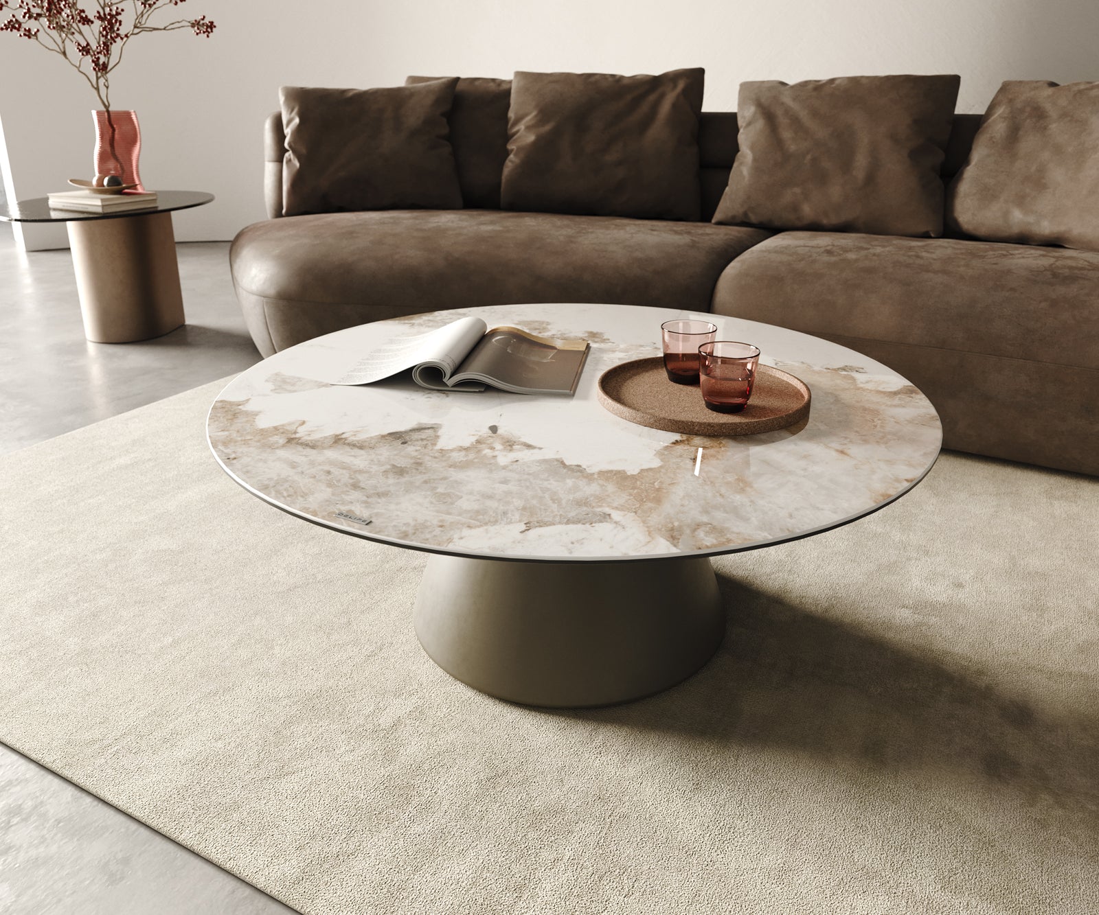 Round Coffee Table Aurora Ceramic 100cm White Beige
