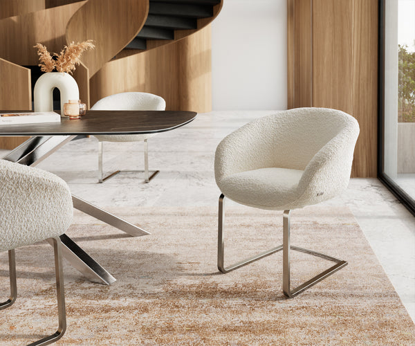 Dining Chair Vinka Bouclé White Cantilever Flat Base Silver Pocket Springs