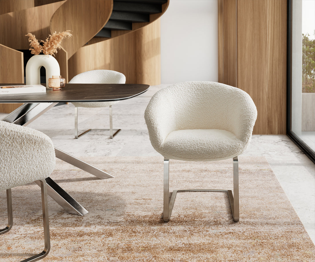 Dining Chair Vinka Bouclé White Cantilever Flat Base Silver Pocket Springs