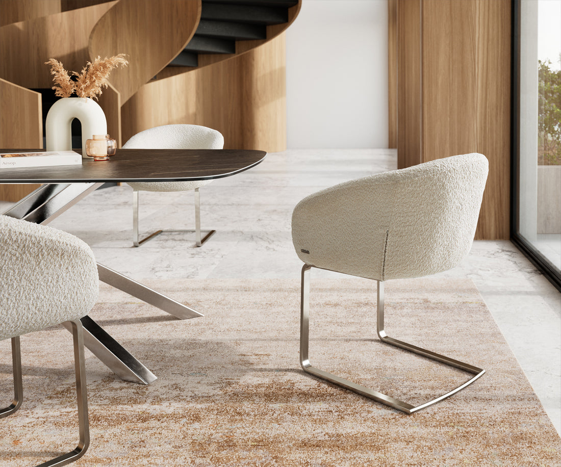 Dining Chair Vinka Bouclé White Cantilever Flat Base Silver Pocket Springs