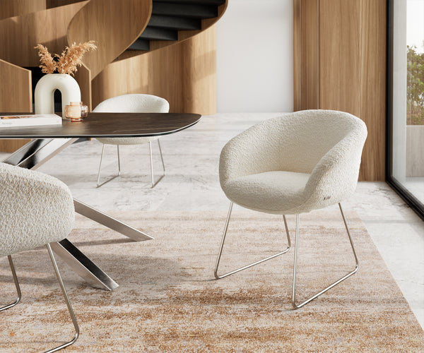 Dining Chair Vinka Bouclé White Sled Base Silver Pocket Springs