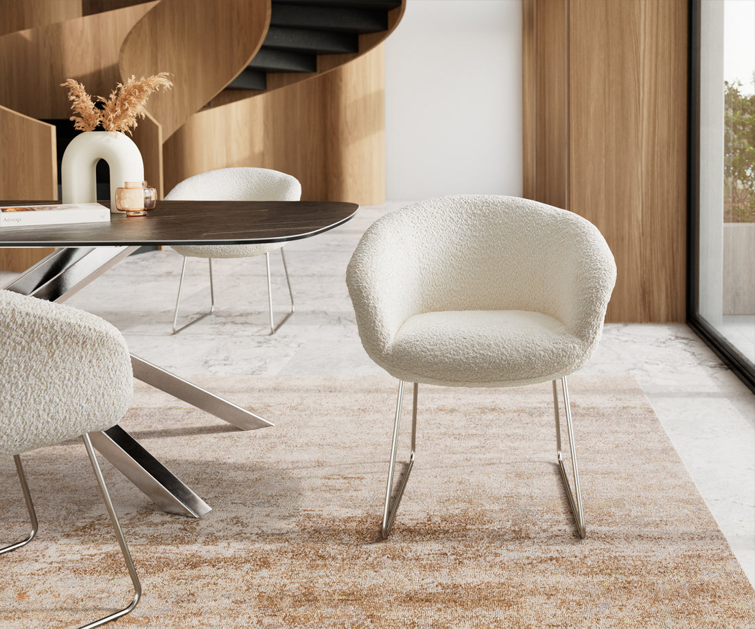 Dining Chair Vinka Bouclé White Sled Base Silver Pocket Springs