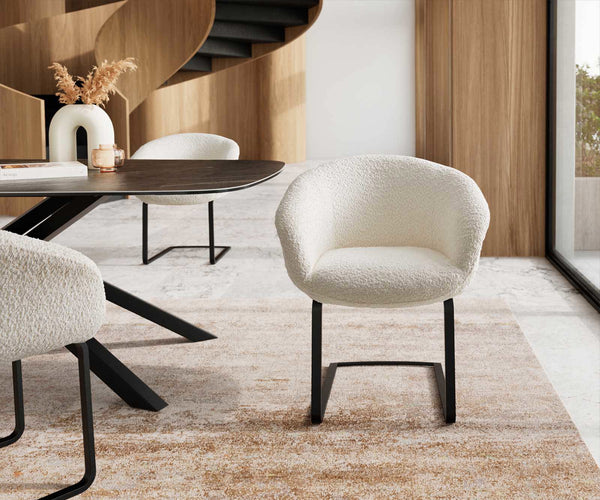 Dining Chair Vinka Bouclé White Cantilever Flat Base Black Pocket Springs