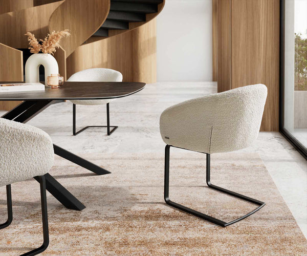 Dining Chair Vinka Bouclé White Cantilever Flat Base Black Pocket Springs