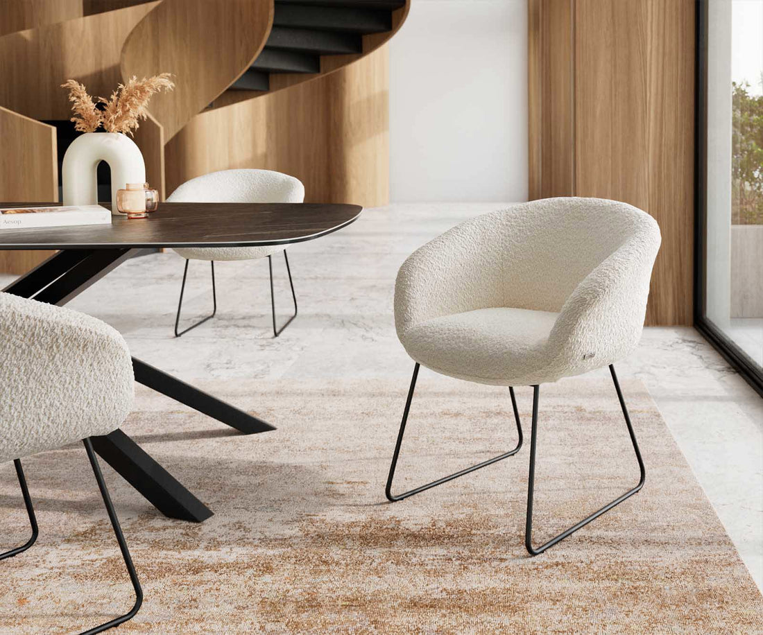 Dining Chair Vinka Bouclé White Sled Base Black Pocket Springs