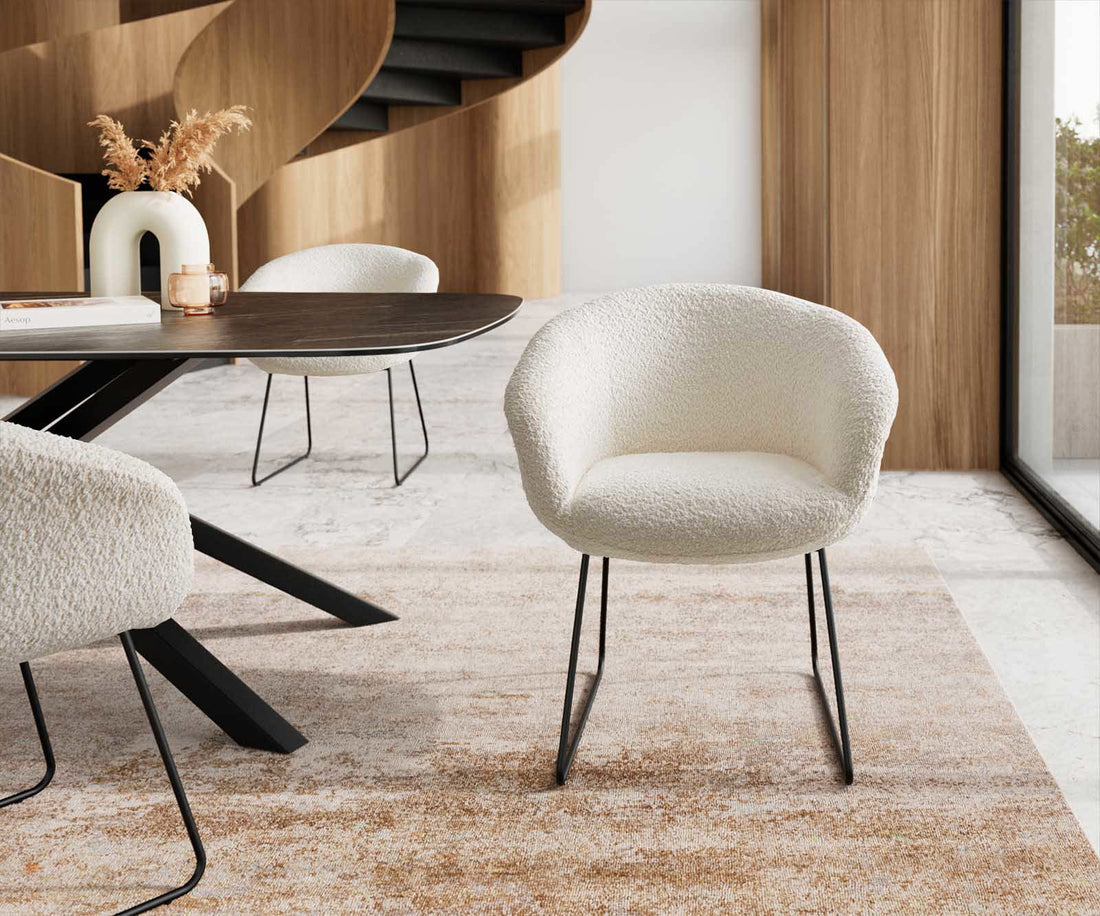 Dining Chair Vinka Bouclé White Sled Base Black Pocket Springs