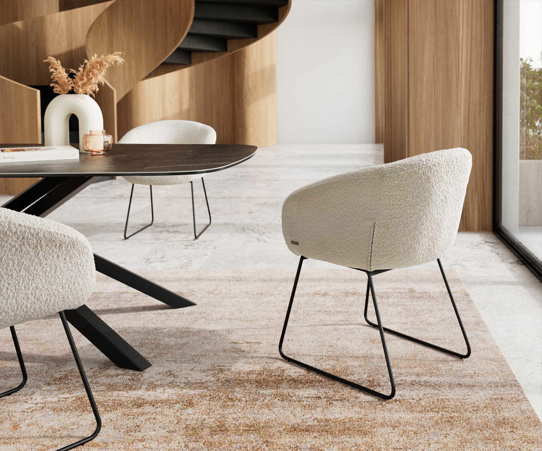 Dining Chair Vinka Bouclé White Sled Base Black Pocket Springs
