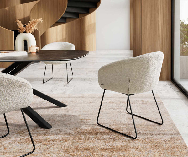 Dining Chair Vinka Bouclé White Sled Base Black Pocket Springs