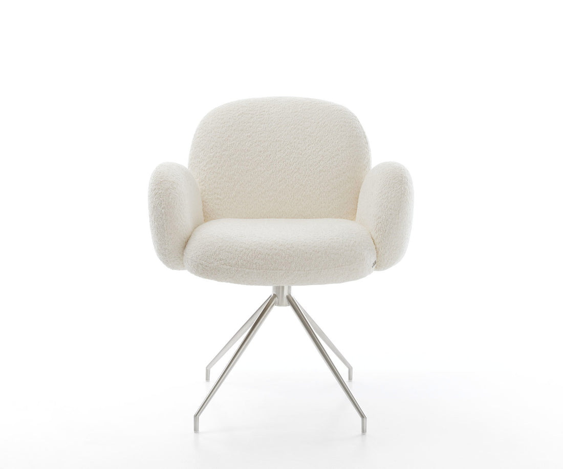 Dining Chair Nube Bouclé White Cross Conical Base Silver 180° Swivel Pocket Springs
