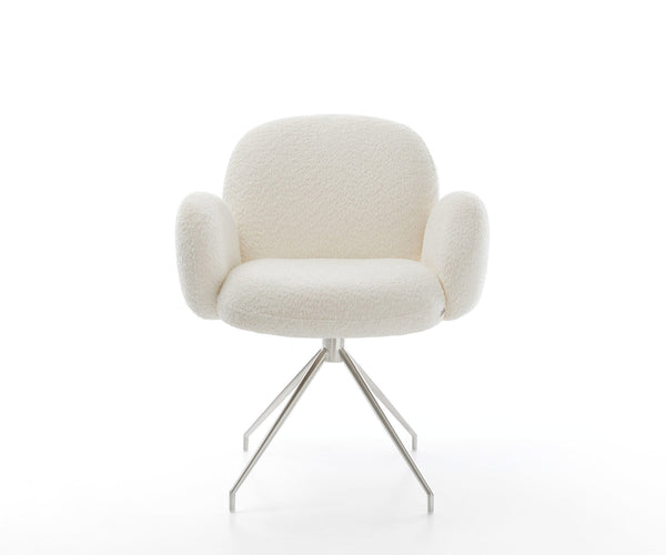 Dining Chair Nube Bouclé White Cross Conical Base Silver 180° Swivel Pocket Springs