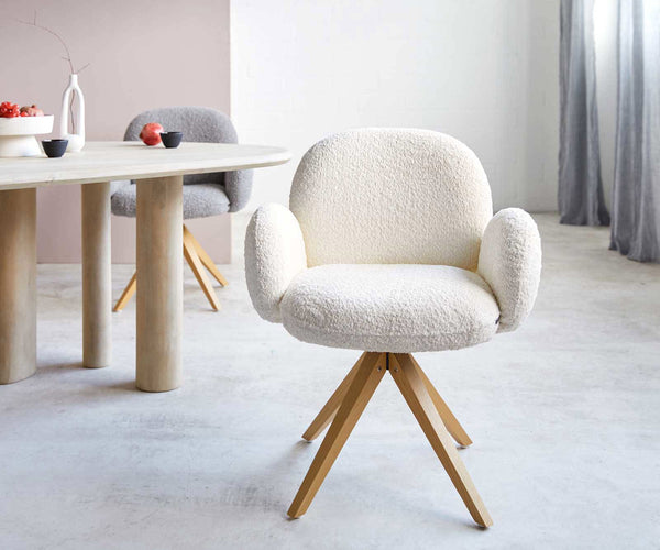 Dining Chair Nube Bouclé White Cross Angular Base Wooden 180° Swivel Pocket Springs