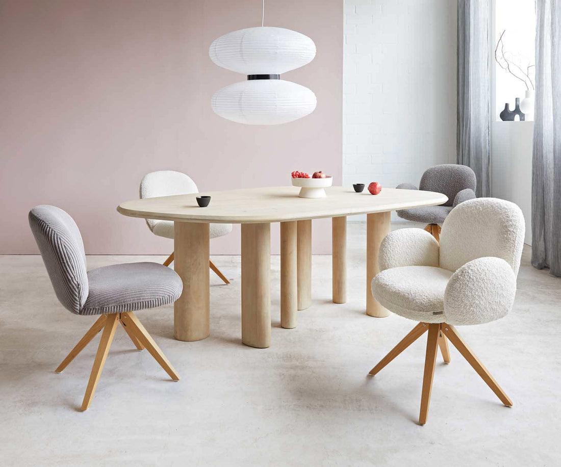 Dining Chair Nube Bouclé White Cross Angular Base Wooden 180° Swivel Pocket Springs