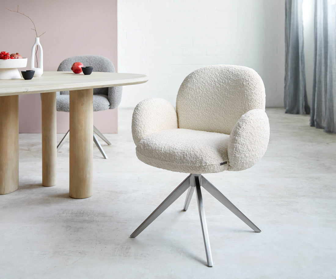 Dining Chair Nube Bouclé White Cross Base 360° Swivel Silver Pocket Springs