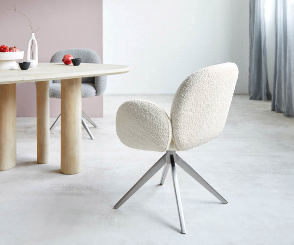 Dining Chair Nube Bouclé White Cross Base 360° Swivel Silver Pocket Springs