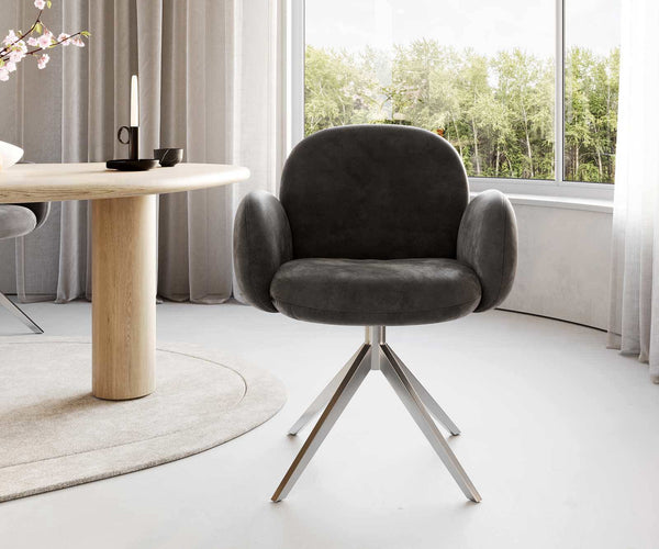 Dining Chair Nube Microfiber Anthracite Vintage Cross Base 360° Swivel Silver Pocket Springs