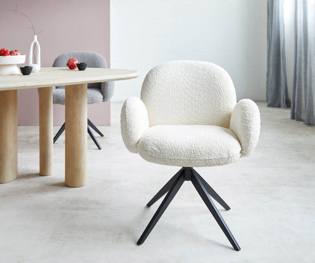Dining Chair Nube Bouclé White Cross Base 360° Swivel Black Pocket Springs