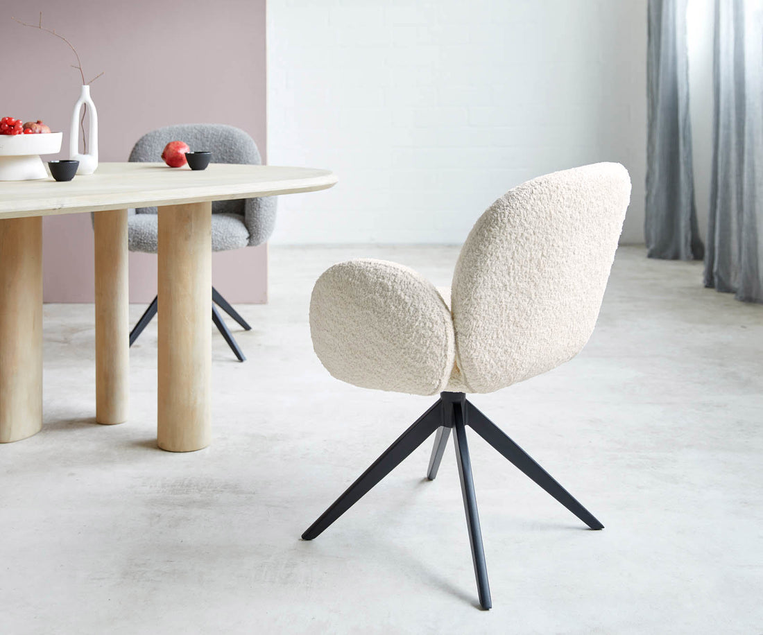 Dining Chair Nube Bouclé White Cross Base 360° Swivel Black Pocket Springs