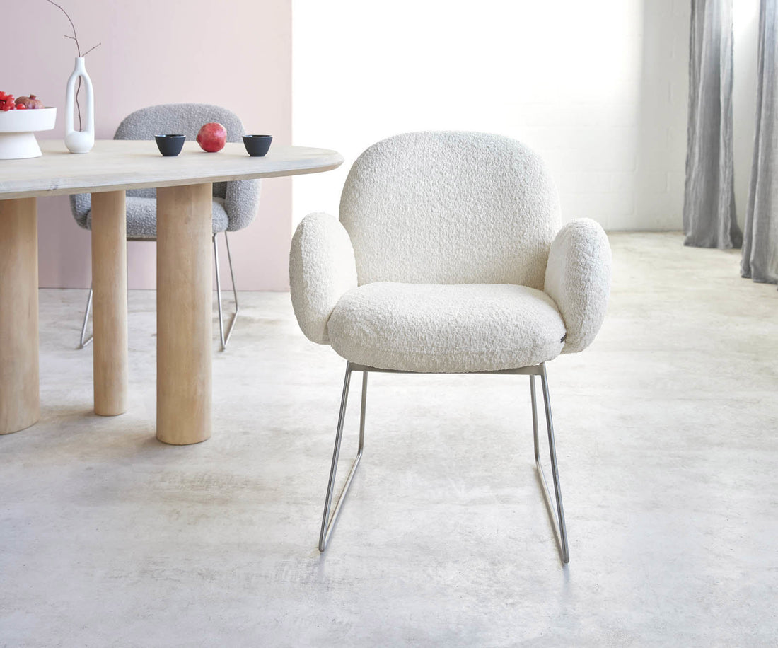 Dining Chair Nube Bouclé White Sled Base Silver Pocket Springs