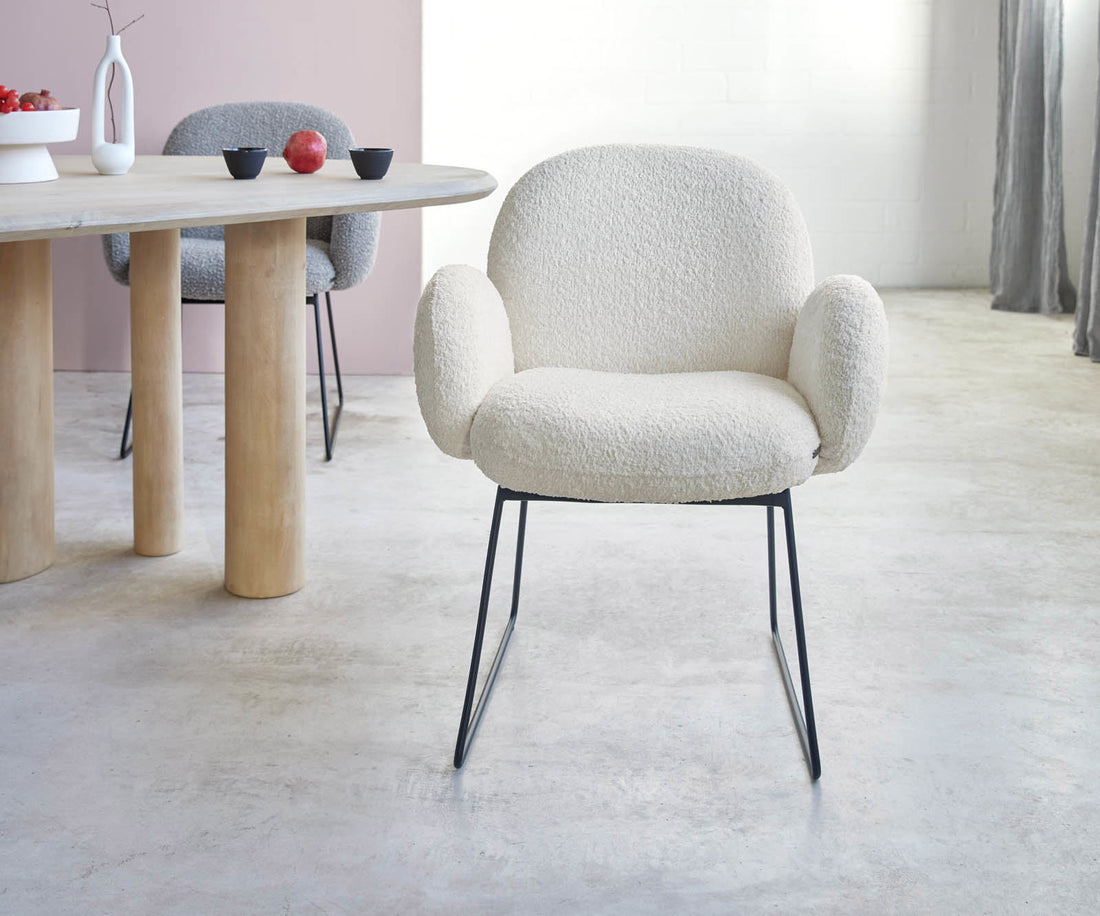 Dining Chair Nube Bouclé White Sled Base Black Pocket Springs