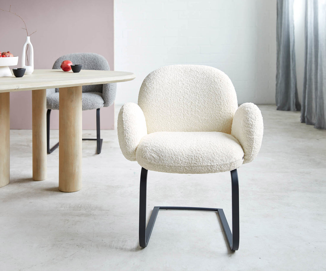 Dining Chair Nube Bouclé White Cantilever Flat Base Black Pocket Springs