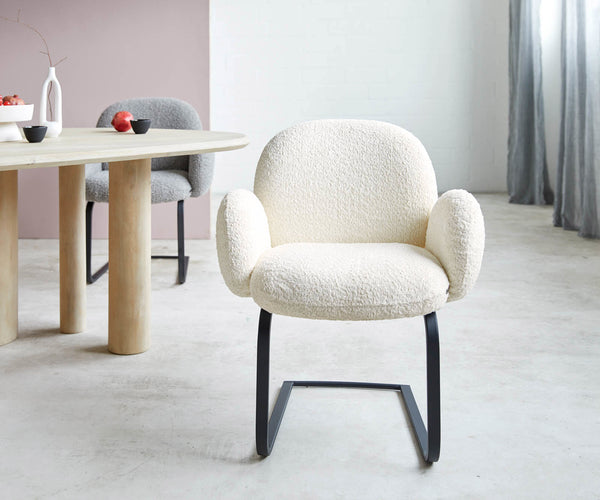 Dining Chair Nube Bouclé White Cantilever Flat Base Black Pocket Springs