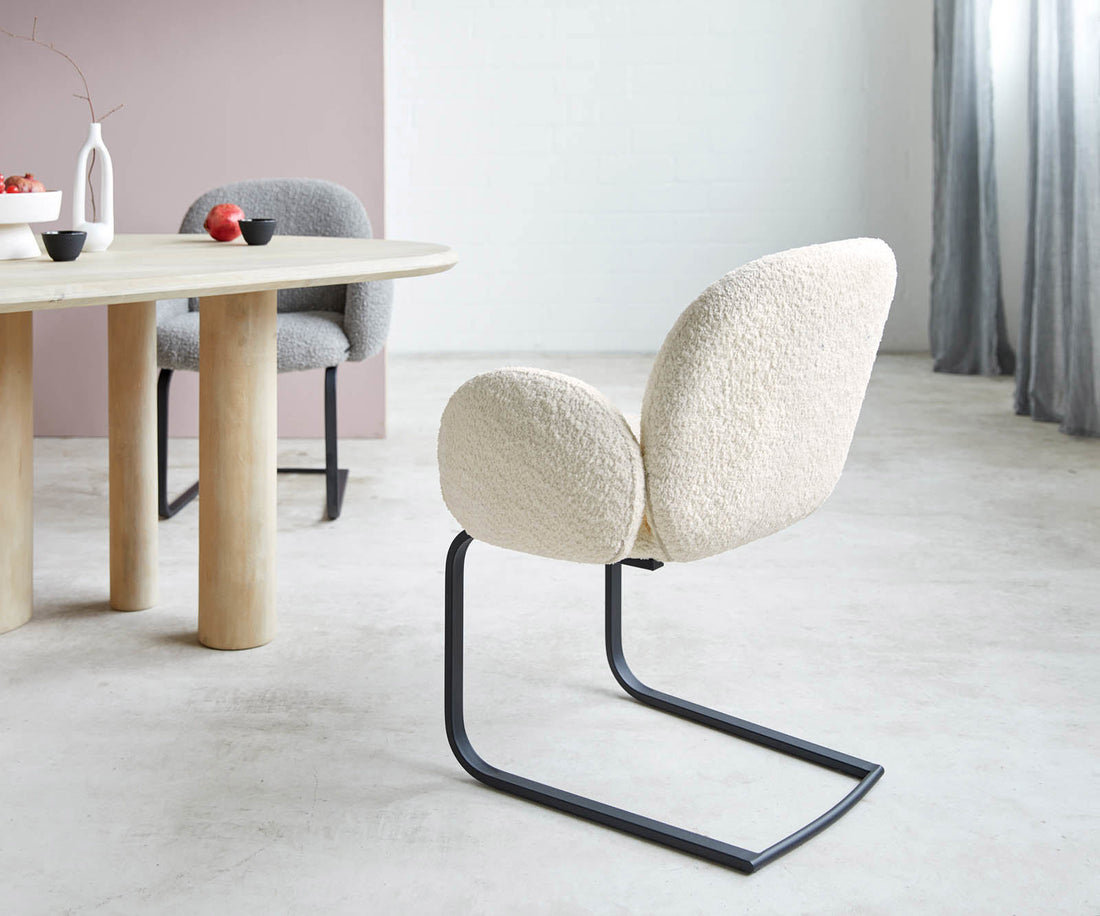Dining Chair Nube Bouclé White Cantilever Flat Base Black Pocket Springs