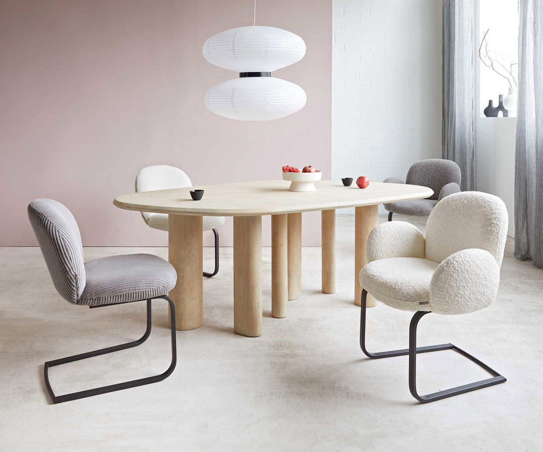 Dining Chair Nube Bouclé White Cantilever Flat Base Black Pocket Springs