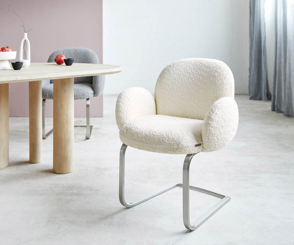 Dining Chair Nube Bouclé White Cantilever Flat Base Silver Pocket Springs