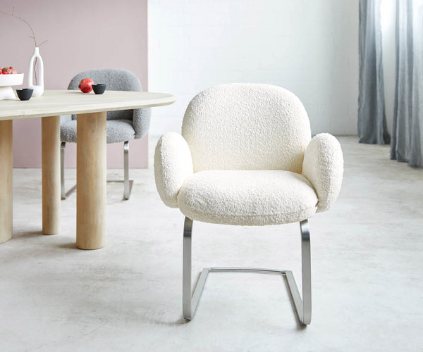 Dining Chair Nube Bouclé White Cantilever Flat Base Silver Pocket Springs