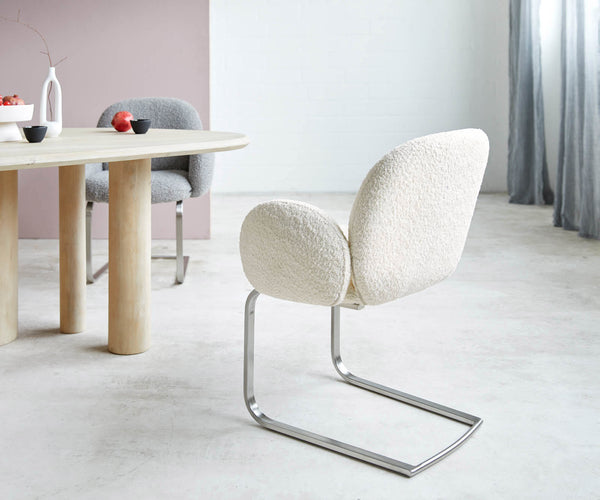 Dining Chair Nube Bouclé White Cantilever Flat Base Silver Pocket Springs