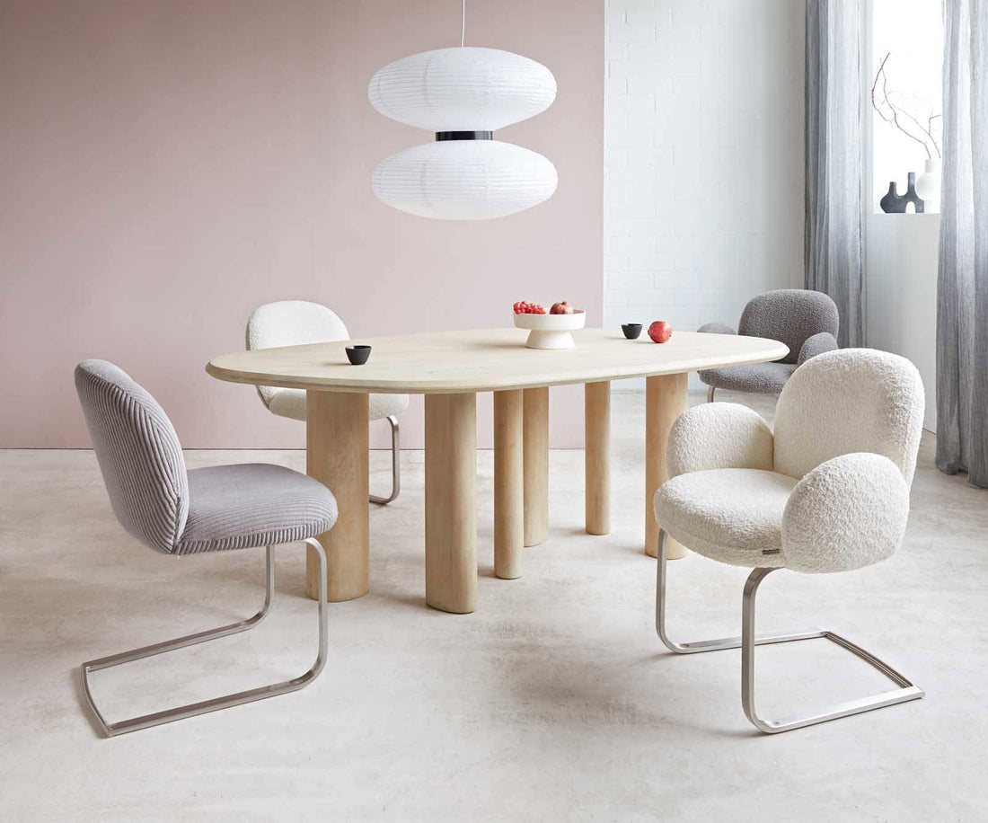 Dining Chair Nube Bouclé White Cantilever Flat Base Silver Pocket Springs