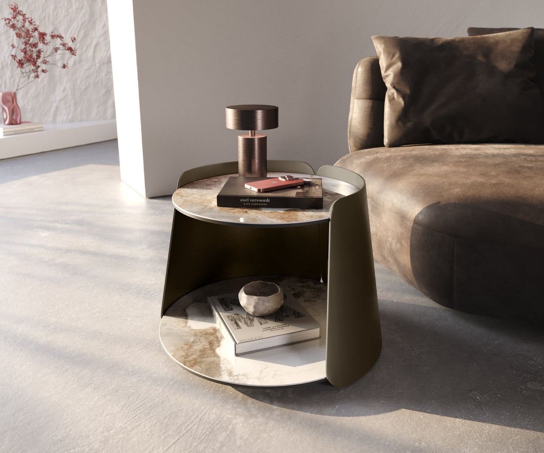 Coffee Table Daban 59x59cm Ceramic Minas Melange Beige Metal Frame Titanium