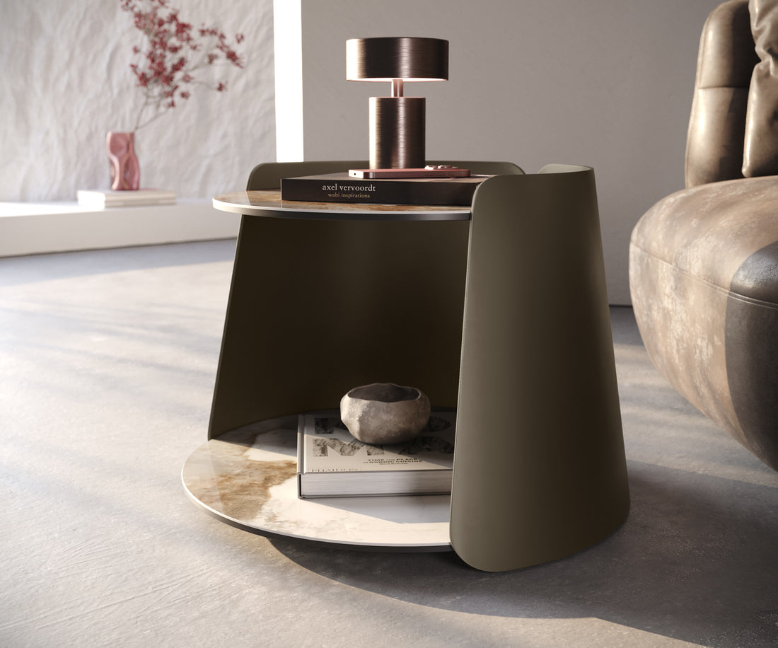 Coffee Table Daban 59x59cm Ceramic Minas Melange Beige Metal Frame Titanium