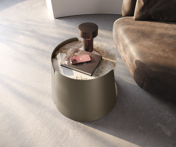 Coffee Table Daban 59x59cm Ceramic Minas Melange Beige Metal Frame Titanium