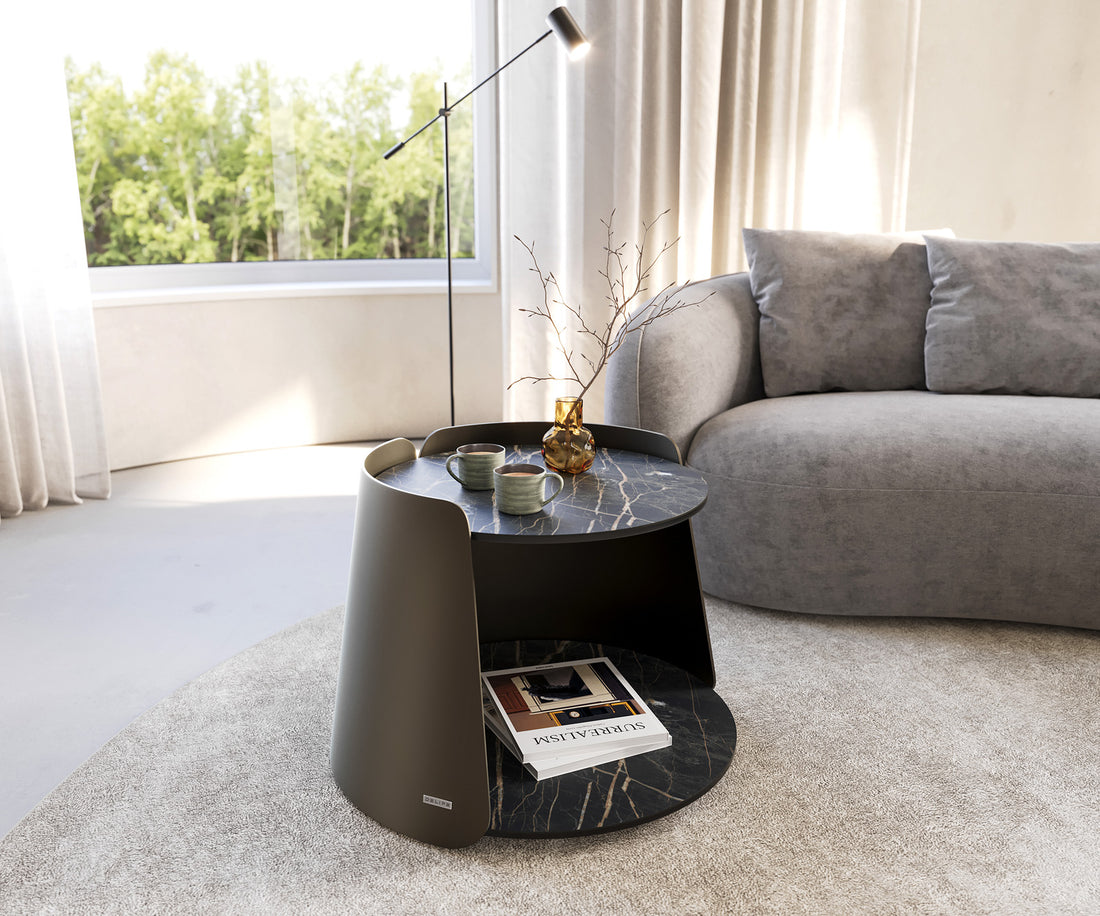 Coffee Table Daban 59x59cm Ceramic Noir Desir Brown Metal Frame Titanium