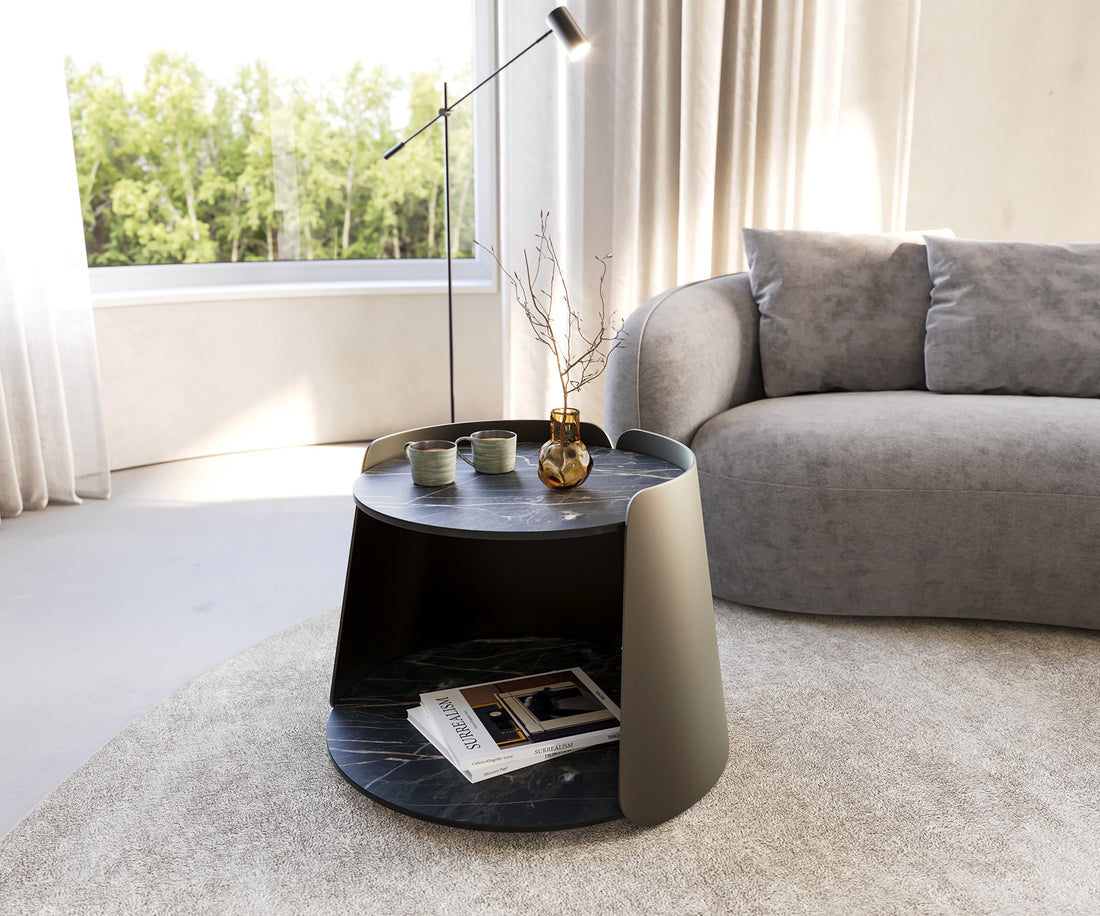 Coffee Table Daban 59x59cm Ceramic Noir Desir Brown Metal Frame Titanium