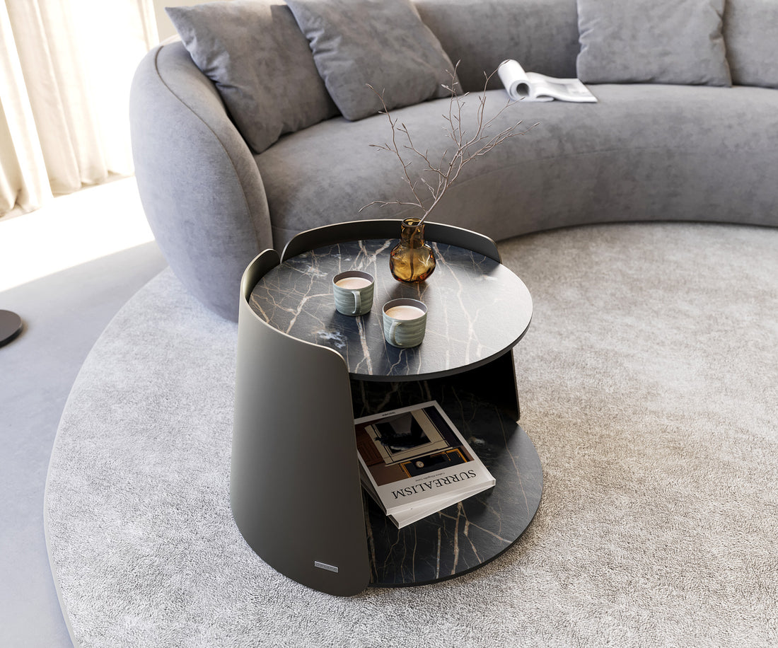 Coffee Table Daban 59x59cm Ceramic Noir Desir Brown Metal Frame Titanium