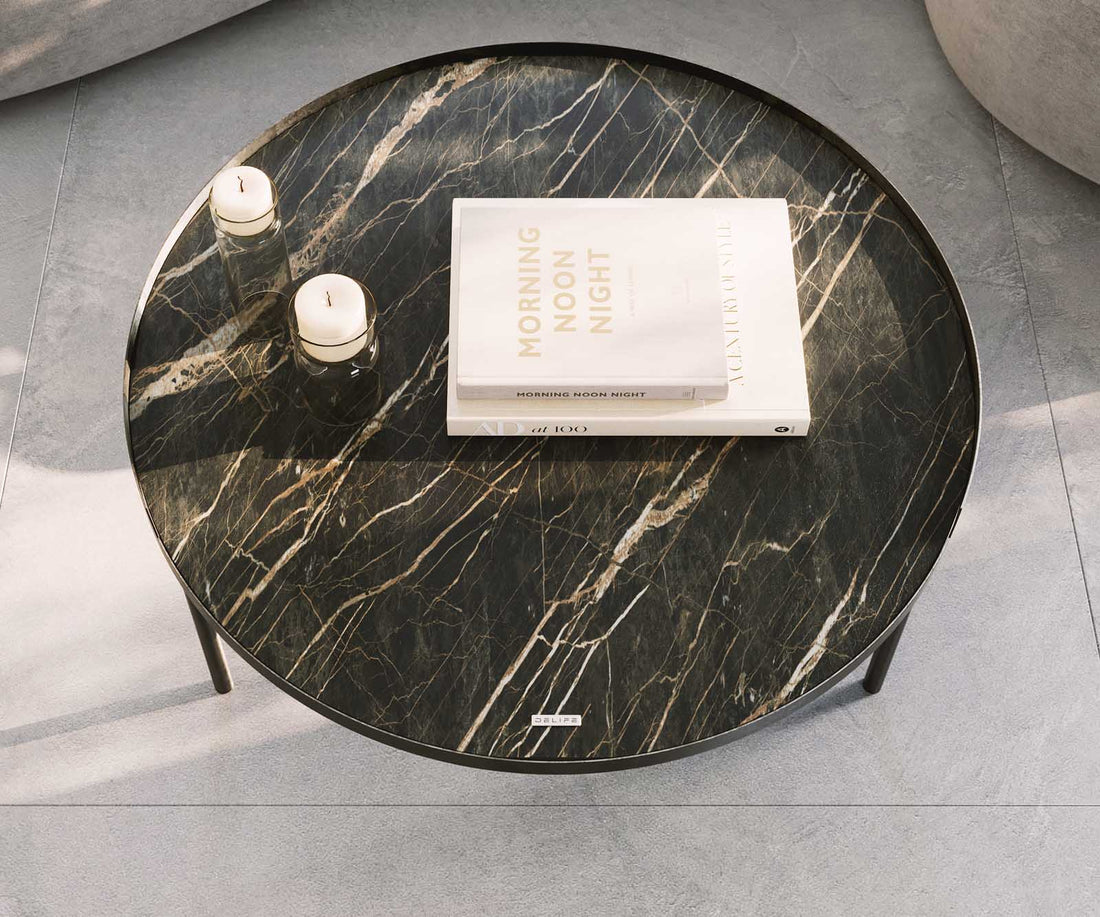 Coffee Table Torrel 80x80cm Ceramic Noir Desir Brown Metal Frame Titanium