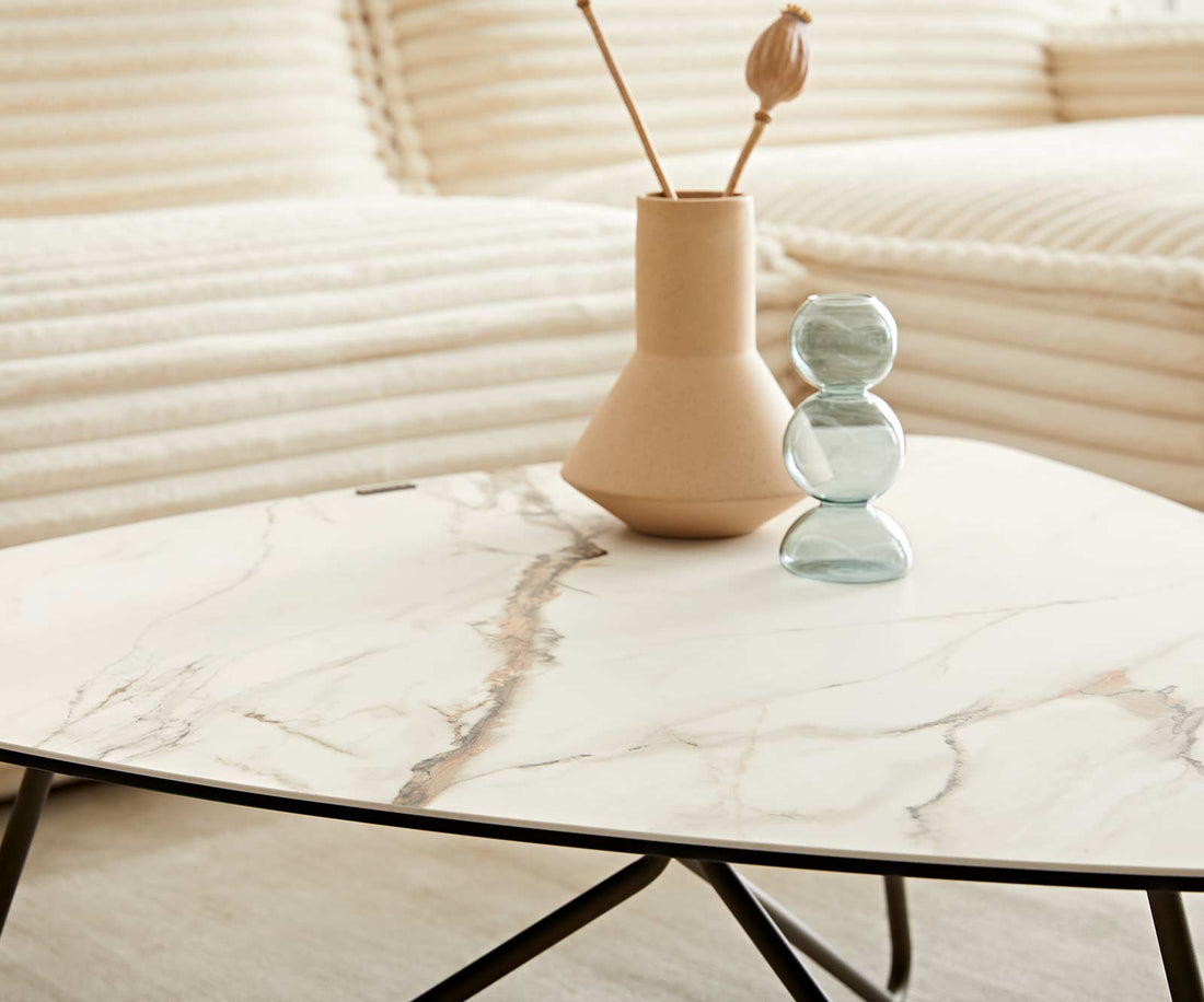 Coffee Table Ekrem 88x85cm Ceramic Calacatta Luxe Gold Haripin Frame Metal Titanium